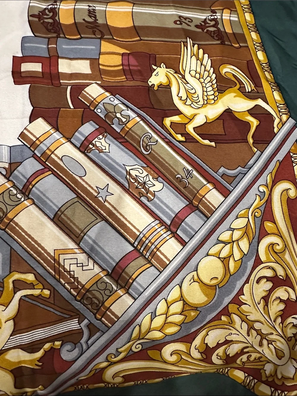 Hermes Multicolor Library Motif Silk Scarf with Green Border 34x34